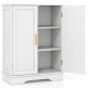 White bathroom floor storage cabinet with two doors, adjustable shelves, and elegant handles for versatile organization.
