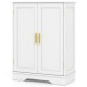 White bathroom floor storage cabinet with 2 doors, adjustable shelves, and gold handles for versatile home organization.
