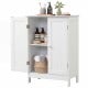 White bathroom floor storage cabinet with double doors and shelves, perfect for organizing toiletries and towels.