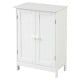 White bathroom floor storage cabinet with double doors and two shelves, perfect for organizing toiletries and essentials.