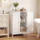Elegant white bathroom cabinet with double doors and two interior shelves, perfect for storing cosmetics and toiletries.