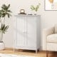 White bathroom floor storage cabinet with double doors and shelves, perfect for organizing toiletries and other essentials.