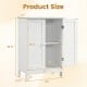 White bathroom floor storage cabinet with double doors and two shelves, ideal for organizing toiletries and other items.