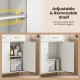 Adjustable and removable shelf in a white freestanding bathroom storage cabinet for accommodating various item heights.