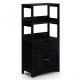 Black bathroom storage cabinet featuring 3 open shelves, a pull-out drawer, and 2 concealed doors for organized storage.