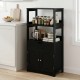 Black bathroom storage cabinet featuring three open shelves, a pull-out drawer, and two doors for organized storage.