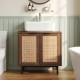 Freestanding bathroom vanity cabinet with U-shaped cut-out, featuring two rattan doors and metal legs for stylish.