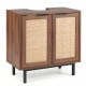 Freestanding bathroom storage cabinet with U-shaped cut-out, rattan doors, and sturdy metal legs in brown and natural.