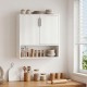 Wall-hanging white bathroom cabinet with fluted doors, open cube, and adjustable shelf for organized storage.