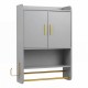 Wall-mounted grey bathroom cabinet with two doors, towel bars, and gold handles for organized storage and easy access.