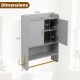 Dimensions of the grey wall-mounted bathroom cabinet with towel bars, featuring adjustable shelves and soft-close.