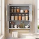 Wall-mounted grey bathroom cabinet with two doors, adjustable shelves, and towel bars for organized storage.