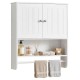 Bathroom wall cabinet in white with towel bar, adjustable shelf, and open storage for towels and toiletries.