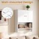 Wall-mounted bathroom cabinet in white with adjustable shelf, towel bar, and open storage for towels and toiletries.