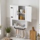 White bathroom wall cabinet with 2 barn doors, 3-tier storage, and towel bar, ideal for organizing toiletries and decor.