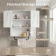 Bathroom wall cabinet with 2 barn doors, towel bar, and 3-tier storage for toiletries and decorations in white.