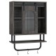 Bathroom wall cabinet featuring a wood grain finish, sliding barn door, and metal bar with hooks for versatile storage.