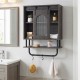 Bathroom wall cabinet with sliding barn door, 3-tier storage, and metal hanging bar with hooks for towels and.