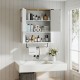 Bathroom wall cabinet in white with adjustable shelves and towel bar, featuring a rustic barn door design for stylish.