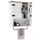 Bathroom wall cabinet in white with barn door design, adjustable shelf, and towel bar for versatile storage solutions.