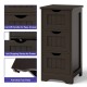 Freestanding brown storage organizer with three drawers, featuring anti-tipping devices and a compact design for small.