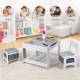 Kids table and chairs set in white with storage boxes, ideal for writing, playing, and painting for ages 3-7.