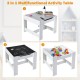 Multifunctional kids activity table with whiteboard and blackboard, featuring storage boxes for toys and art supplies.