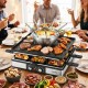 BBQ grill with fondue pot set for 8 people featuring stainless steel, adjustable thermostats, and non-stick grilling pans.