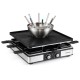 BBQ grill with fondue pot set for 8 people, featuring stainless steel pot, adjustable thermostats, and non-stick grilling surface.