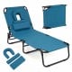 Beach chaise lounge chair in blue with adjustable backrest, face hole, and removable pillows for versatile outdoor use.