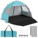 Beach tent sun shelter in blue with UPF50+ protection, spacious interior for 5-6 people, includes carrying bag and.