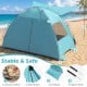 Beach tent sun shelter in blue with extended canopy, UPF50+ protection, spacious interior for 5-6 people, and stability.