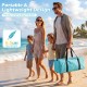 Beach tent sun shelter in blue, portable design with UPF50+ protection, spacious for 5-6 people, includes carrying bag.