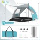 Beach tent sun shelter in blue with UPF50+ protection, spacious for 5-6 people, featuring extended canopy and easy.