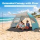 Beach tent sun shelter in blue with extended canopy and floor, providing UPF50+ protection for family comfort on the.