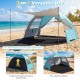 Beach tent sun shelter in blue with extended floor, UPF50+ protection, and ventilation for family comfort on the beach.