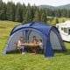 Spacious blue beach tent for 12-15 people features removable sidewalls, UPF 50+ protection, and easy setup.