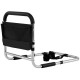 Height adjustable bed assist rail with padded handrail and mesh pocket for elderly safety and convenience.