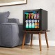 Mini fridge with 1.3 cu. ft. capacity, holding 12 bottles and 55 cans, featuring a sleek black design for convenient.