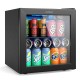 Beverage refrigerator cooler with glass door, holding 12 bottles and 55 cans, featuring adjustable shelves and LED.