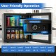 Beverage refrigerator cooler with adjustable temperature settings, showcasing interior blue LED light and removable.