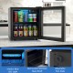 Compact black beverage refrigerator with blue LED light, removable stainless steel shelf, and adjustable foot pads.