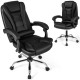 Big high back executive chair in black with leather padded seat and linkage armrests for ergonomic office comfort.