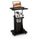 Adjustable mobile standing desk cart in black with tilt tabletop, 2-tier shelves, and rolling casters for versatile use.
