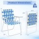 Folding beach chair in blue with dimensions, featuring a sturdy steel frame and portable design for easy transport.