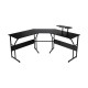 L-shaped black computer desk with monitor stand, flexible design for corner use, supports multiple monitors and office.