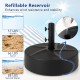 Patio umbrella base with refillable reservoir, holds 88 lbs of water or sand, designed for stability and easy assembly.