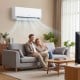 Mini split air conditioner and heater with WiFi, installed above a couple on a sofa, showcasing 4D auto swing and sleek.