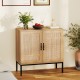 Boho storage cabinet with natural rattan doors and asymmetrical patterns, ideal for kitchen organization and decor.