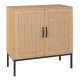 Boho storage cabinet with natural rattan doors, asymmetrical pattern, and metal legs for stylish kitchen organization.
